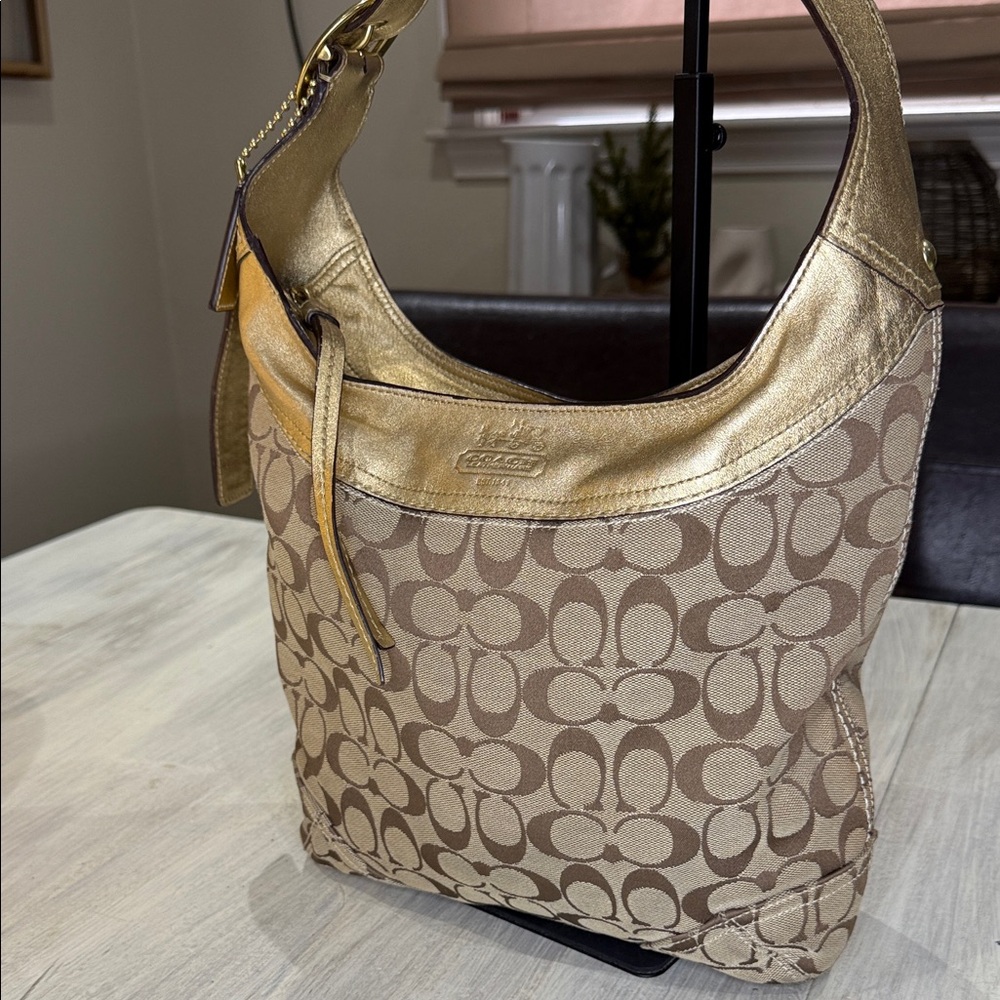 Vintage Y2K Coach Bleeker Signature Gold and Tan Hobo Bag- EUC